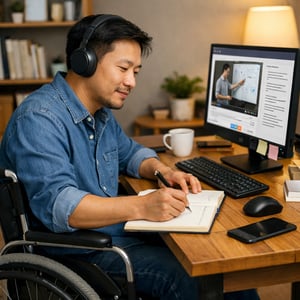 Adult Asian Man Learning on Computer in Wheelchair-1