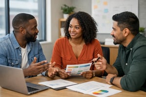 photographic a in person meeting with 3 people of color seated in an office discussing options