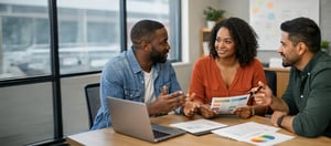 photographic a in person meeting with 3 people of color seated in an office discussing options